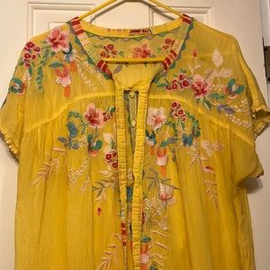 Johnny Was embroidered yellow summer vacation shirt. Mexican design